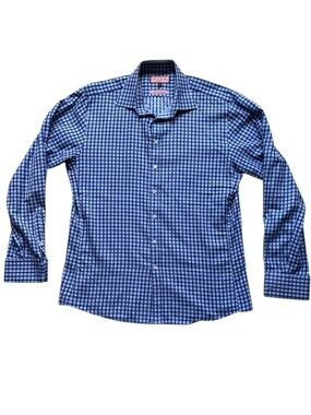 Thomas Pink Men's Blue Check 100% Cotton Slim Fit Prestige Shirt Size 16.5